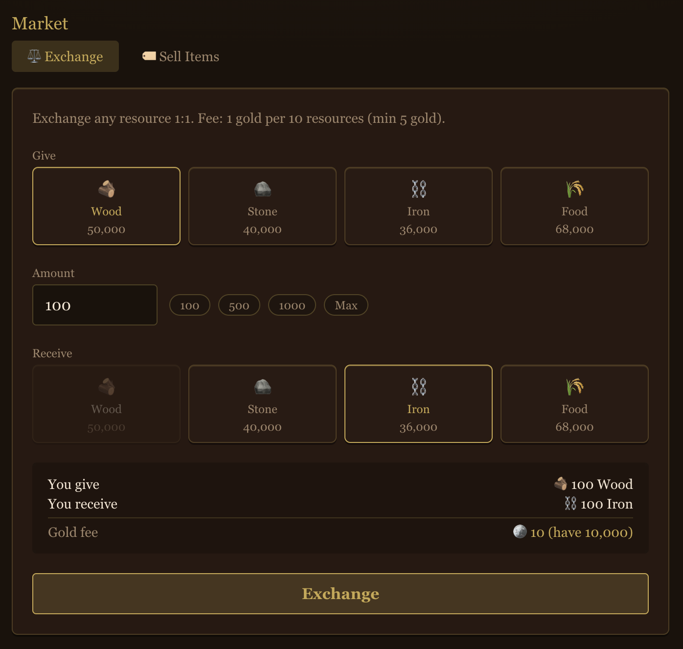 Market page with resource exchange slider and sell items interface