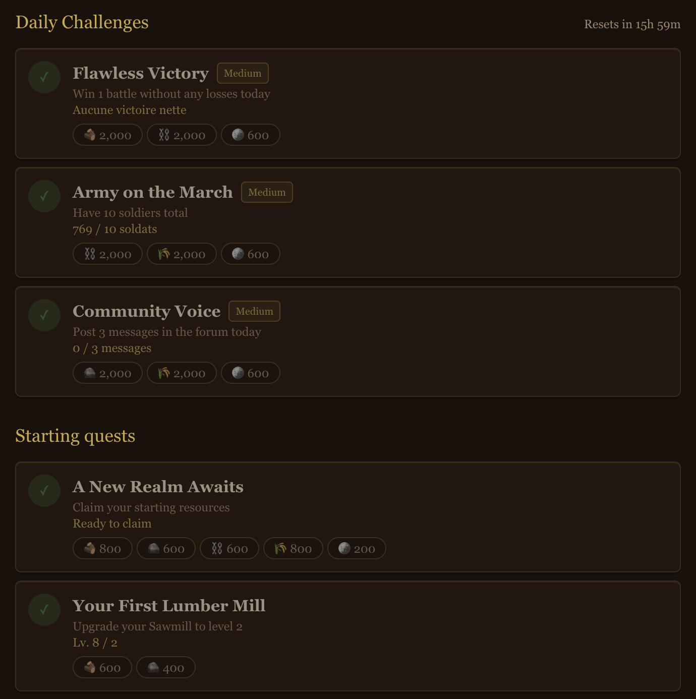 Quest page with daily challenges, progress bars and claim buttons